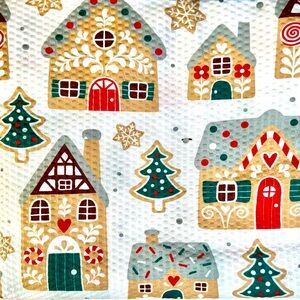 Gingerbread Village Houses Textured Fabric Shower Curtain Trees Candy Snowflake